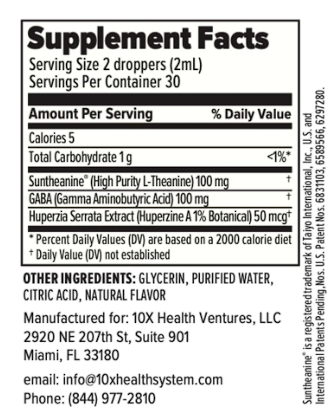 Supplement Facts label for 10X Health Calm supplement, detailing ingredients including Suntheanine, GABA, and Huperzia Serrata Extract.