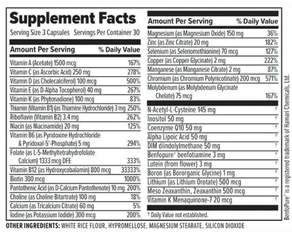 Supplement Facts label for 10X Health Optimize Multivitamin, detailing the vitamins, minerals, and other ingredients included in each serving of 3 capsules.