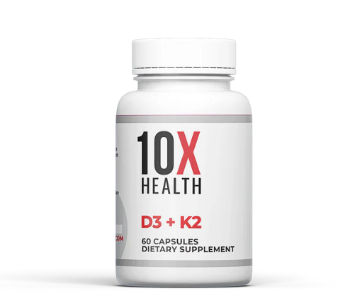 10X Health D3 + K2 supplement bottle containing 60 capsules for bone and cardiovascular health.