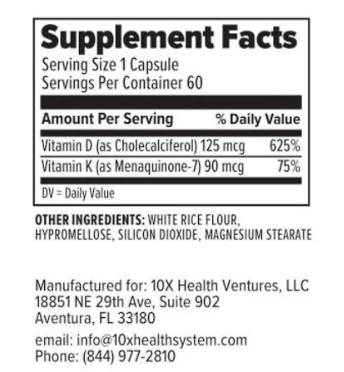 Supplement facts label of 10X Health D3 + K2 showing vitamin D and K content and daily value percentages.