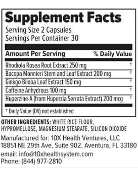 Supplement Facts label for 10X Health Focus supplement, listing ingredients including Rhodiola Rosea, Bacopa Monnieri, Ginkgo Biloba, Caffeine, and Huperzine-A.