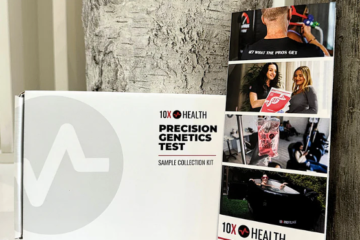 10X Health Precision Genetics test kit box alongside an informational brochure.