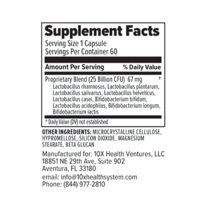 Supplement facts label for 10X Health Probiotic, showing the probiotic blend and additional ingredients.