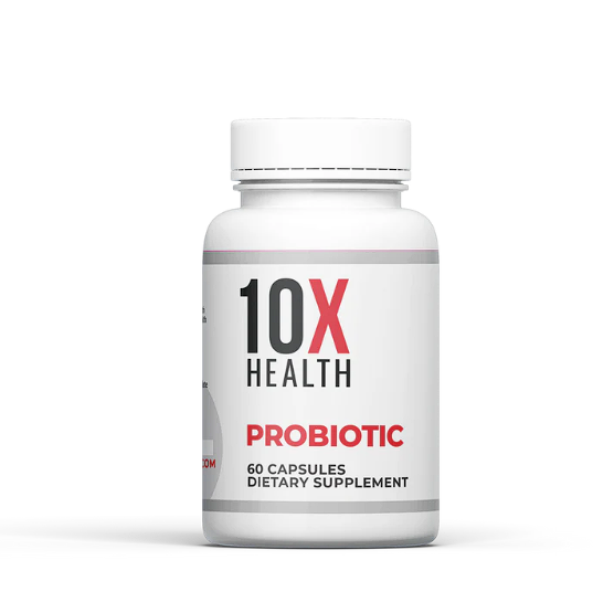 10X Health Probiotic supplement bottle with 60 capsules for daily digestive health support.