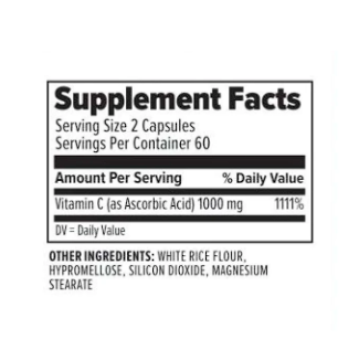 Supplement facts label for 10X Health Vitamin C showing serving size, Vitamin C dosage, and daily value percentages.