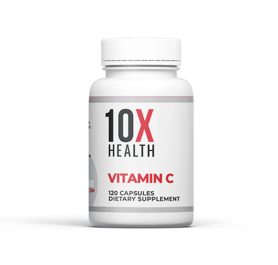 10X Health Vitamin C bottle with 120 capsules for immune support and antioxidant benefits.